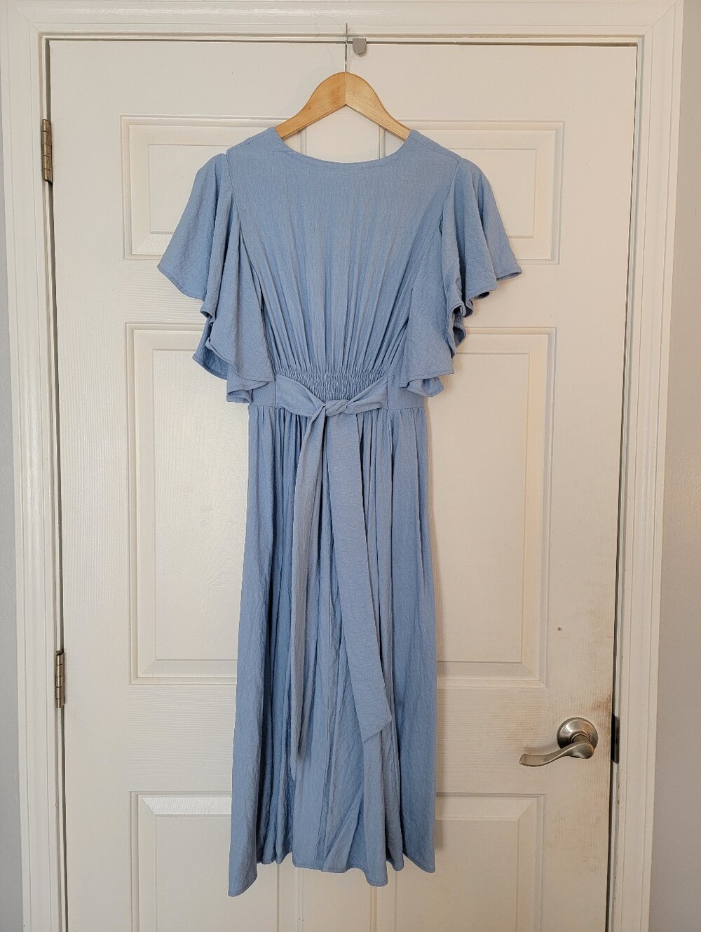 Modest Blue Midi Dress With Butterfly Sleeves And Waist Tie - Picture 3 of 7